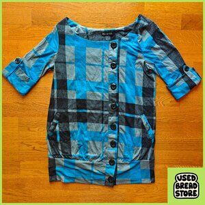 Vintage Y2K Miss Chievous Button Up Top Blue Tartan Boat Neck Large Cotton Blend